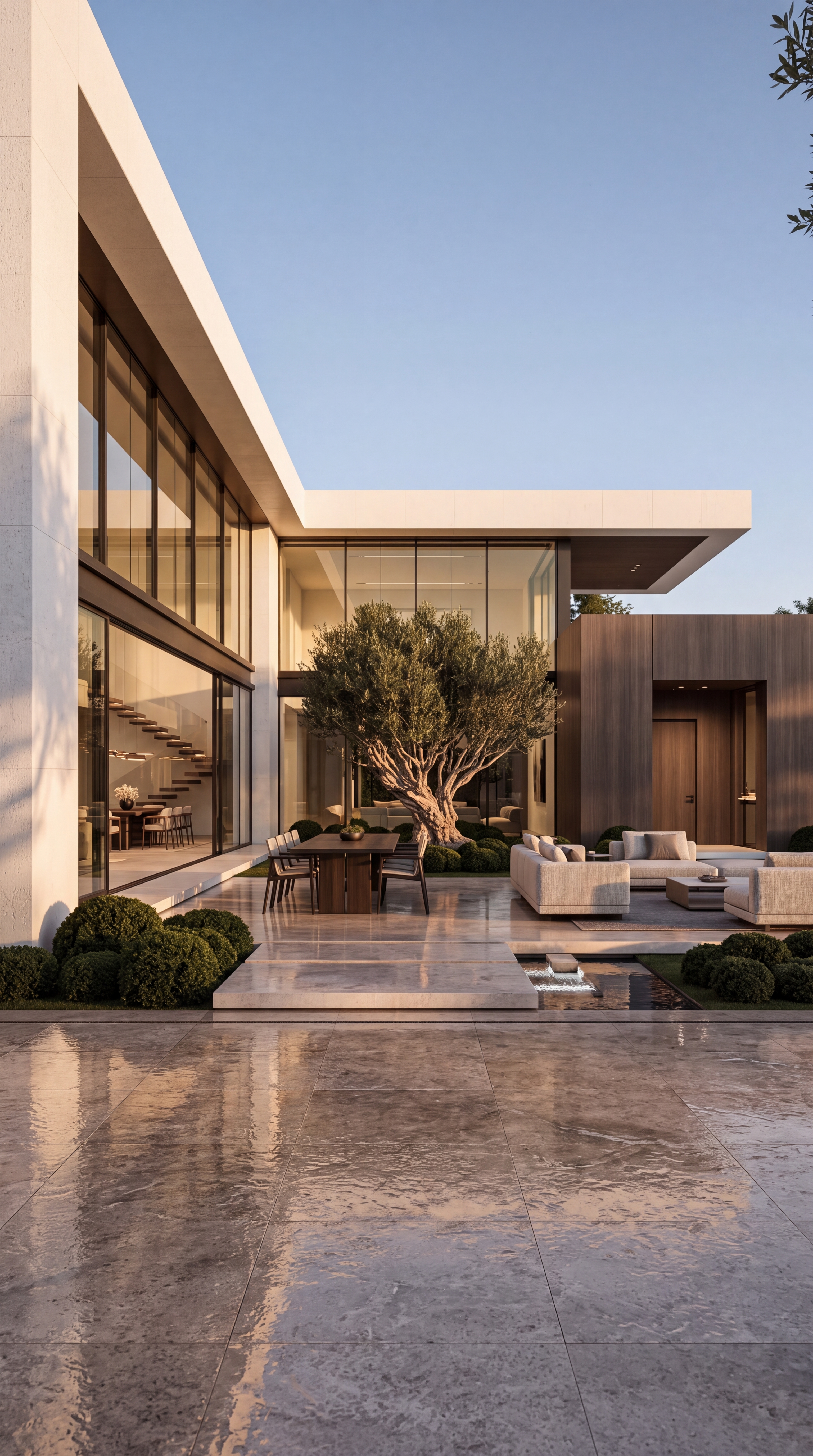 Courtyard design by Sam Sharma with full-height glass, warm wood cladding, olive trees, and outdoor seating