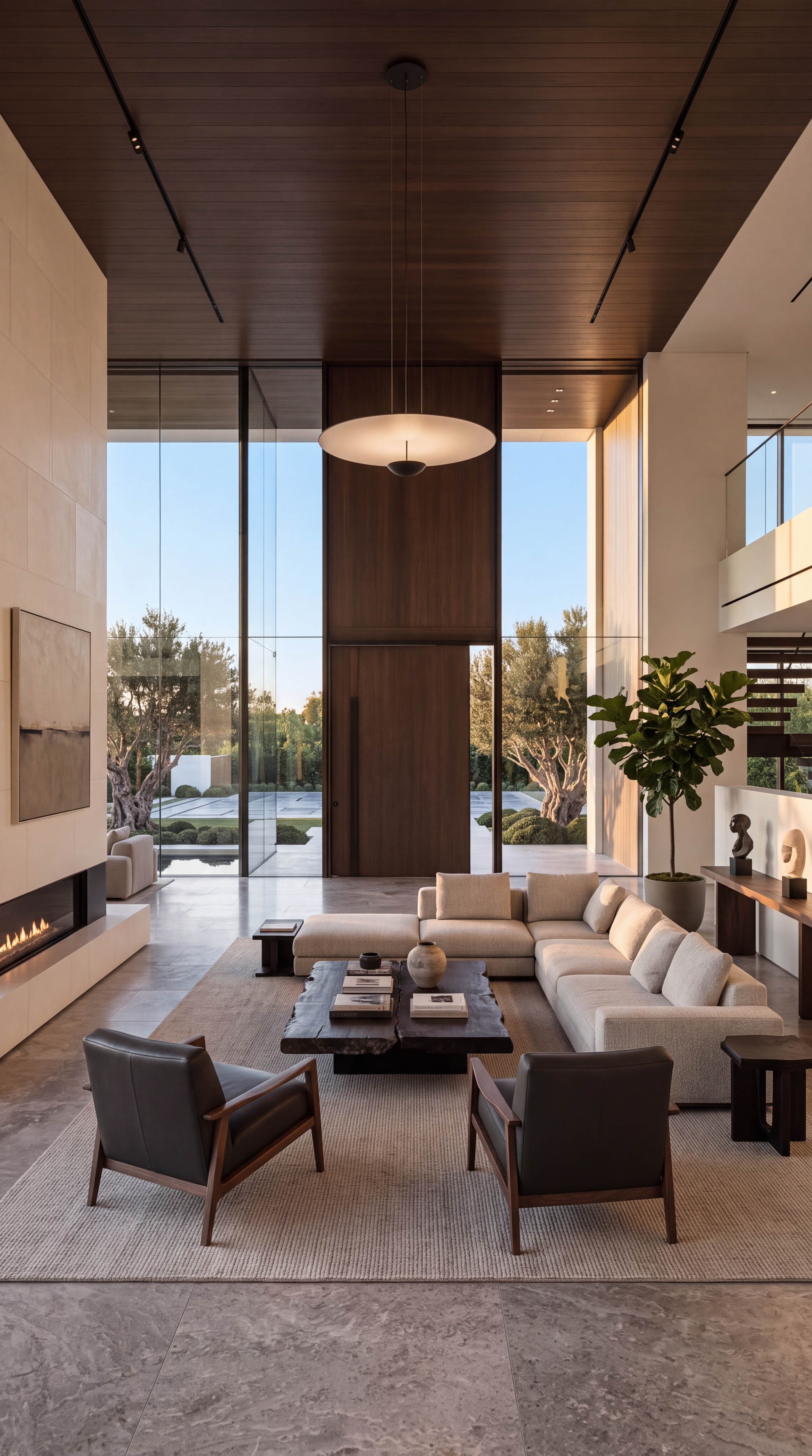 Double-height living room design by Sam Sharma with neutral seating, a wood ceiling, and tall windows