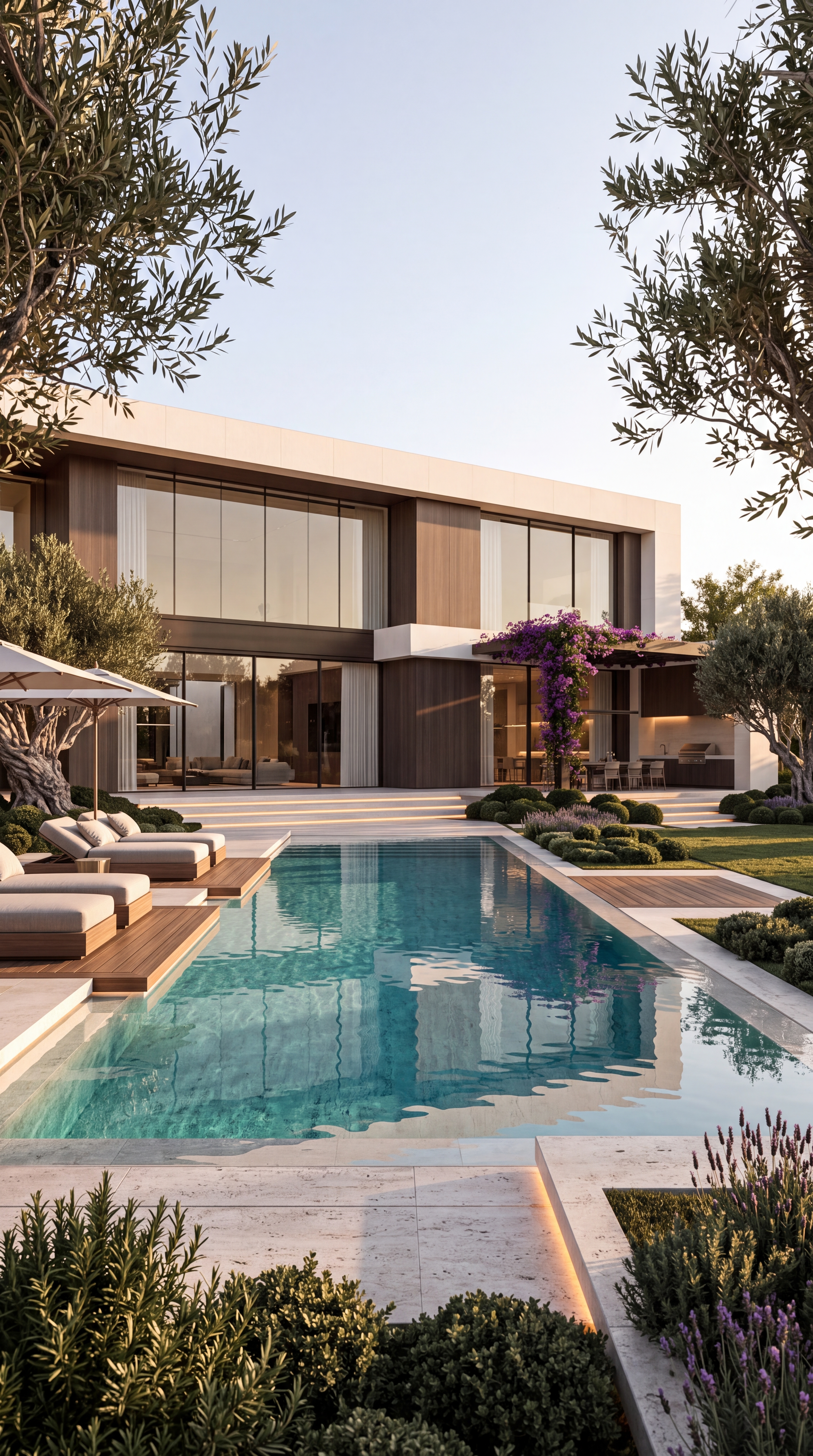 Modern Mediterranean home design by Sam Sharma with a swimming pool, olive trees, and floor-to-ceiling glazing